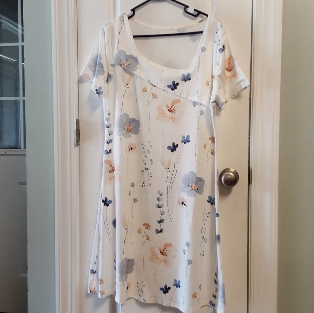Women's XL Floral White Blue Pink Midi Dress Asymmetrical Neck Euro Summer